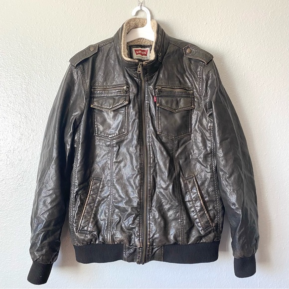Faux Leather Sherpa Lined Bomber Jacket - Picture 1 of 6